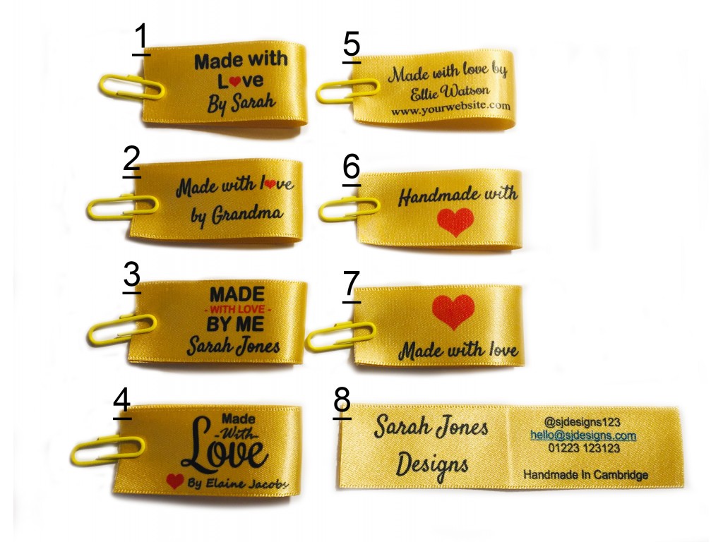 Sew in fold handmade with love labels in gold 8 designs 25mm x 50mm fold